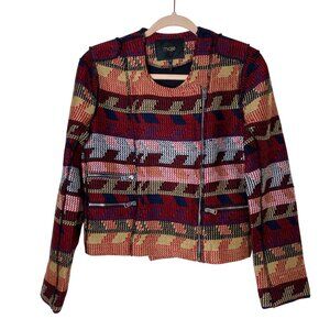 Maje Paris Size 38 / US 6 Multicolor Jacquard Moto Jacket with Zip Pockets